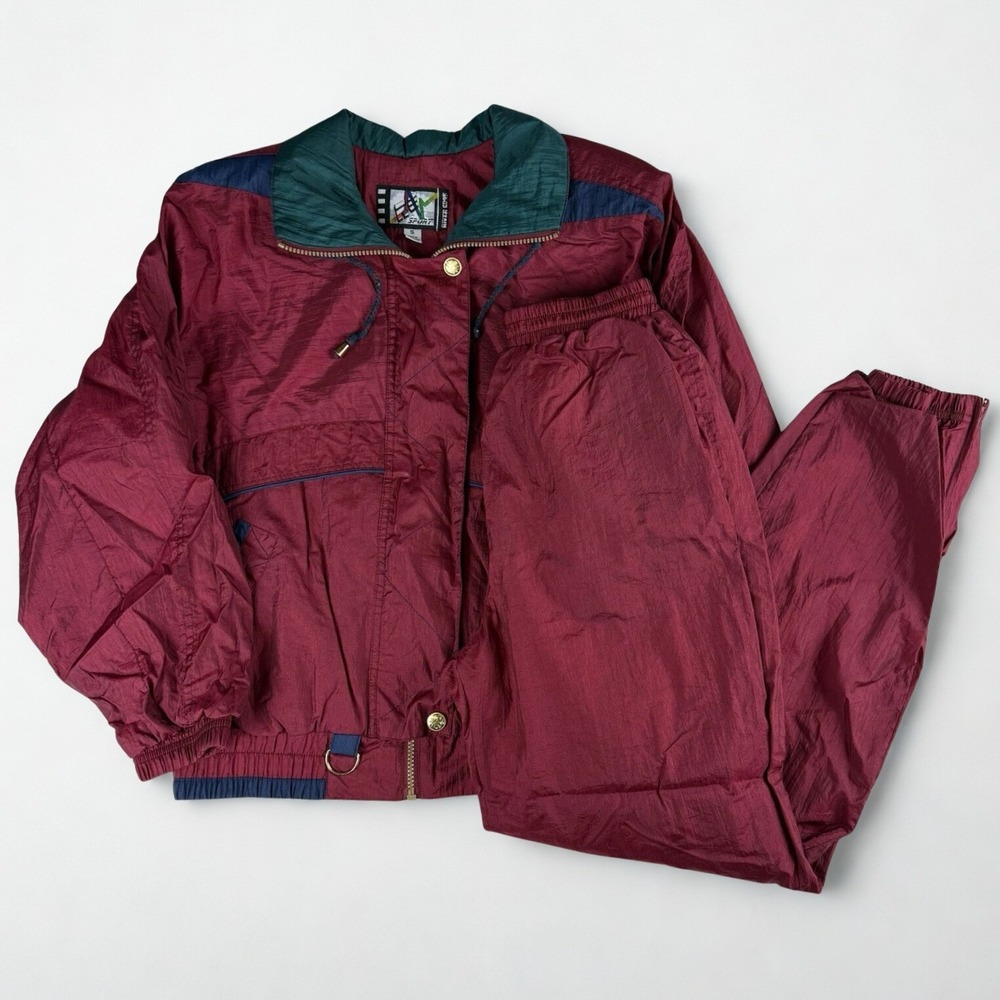 Vtg 90s‎ Nylon Windbreaker Track Suit Set Womens S Burgundy Rivers Edge Retro
